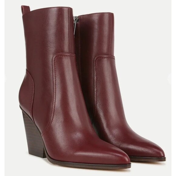 VERONICA BEARD Logan Leather Pointed Toe Block  Heel Bootie in Merlot Red Size 7 - Picture 1 of 15